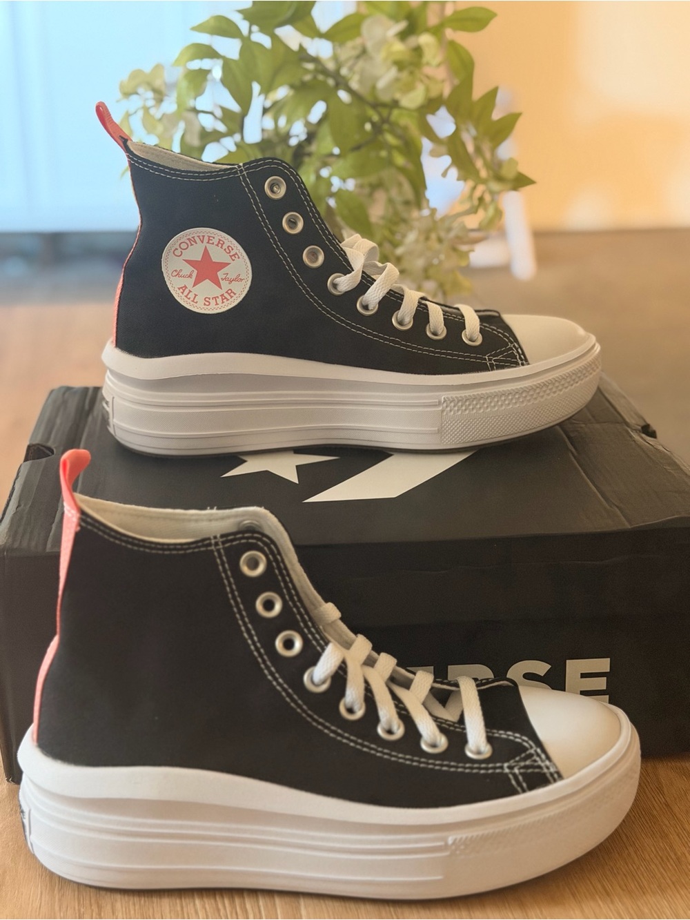 New Converse High Top Kids Sneakers - Black with Coral Accent